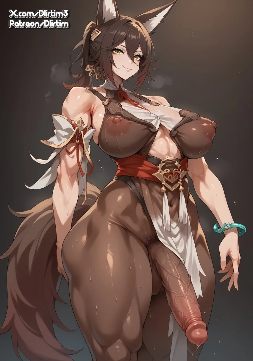 dlirtim (artist), honkai: star rail, tingyun (honkai: star rail), abs, animal ears, animal tail, brown hair, futanari, green eyes, muscular futanari, penis, pubic hair, puffy nipples, semi-erect, smirk, thick thighs, ai generated