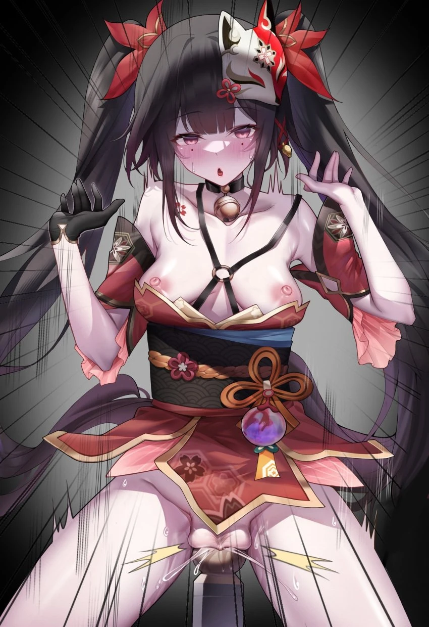 honkai (series), honkai: star rail, sparkle (honkai: star rail), 18377144375deadpool, bell, black gloves, black hair, blush, breasts, breasts out, cunt punt, earrings, empty eyes, female, fish, gloves, hair ornament, japanese clothes, jewelry, long hair, mask, neck bell, nipples, no panties, pelvic curtain, pussy, pussy juice, red eyes, simple background, solo, spread legs, absurdres, highres