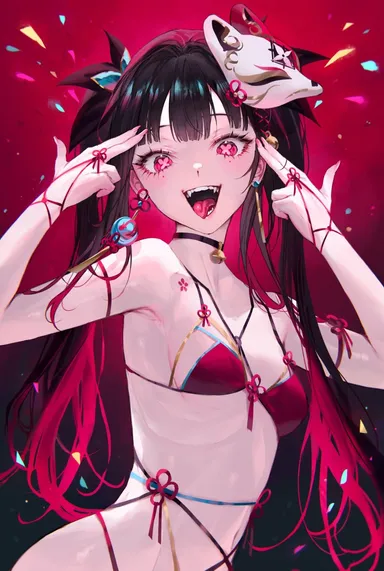 qiandaiyiyu, honkai (series), honkai: star rail, sparkle (honkai: star rail), 1girls, bikini, bikini top, black hair, butterfly-shaped pupils, female, female focus, female only, hair, hair ornament, light skin, light-skinned female, long hair, looking at viewer, maniac, mask, mask on head, mouth open, petite, red eyes, sharp teeth, skimpy, skimpy bikini, small breasts, smile, smiling, smiling at viewer, teeth, tongue, tongue out, twintails, unusual pupils, tagme