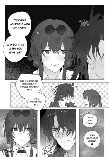 sgrimp, honkai (series), honkai: star rail, blade (honkai: star rail), kafka (honkai: star rail), 1boy, 1girls, clothed, clothed female, embarrassed, light skin, light-skinned female, comic, comic page, text, text bubble