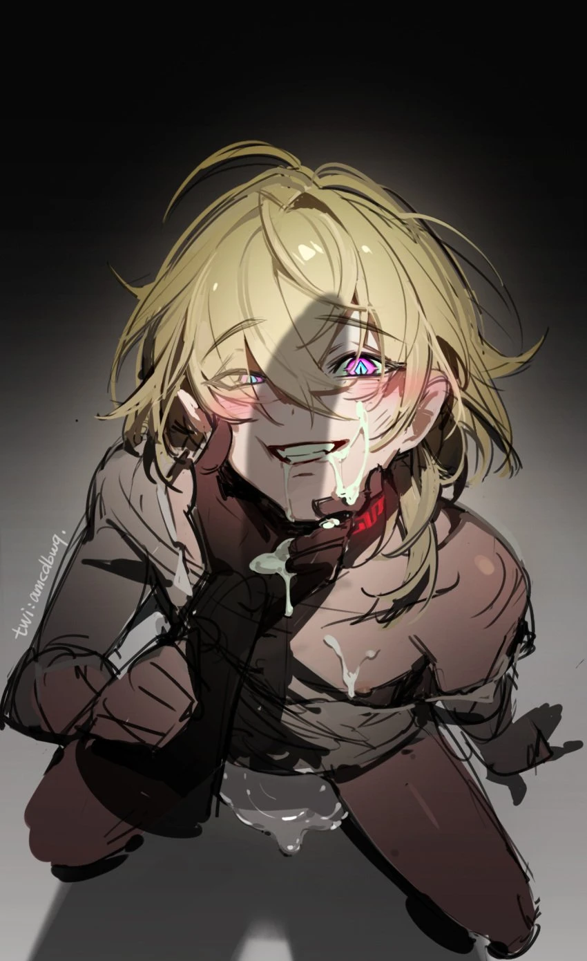 honkai (series), honkai: star rail, aventurine (honkai: star rail), amiaochundanbingwanqi, blonde hair, cum, facial, grin, hair between eyes, looking at viewer, male focus, messy hair, multicolored eyes, penis shadow, pov, pov hands, shadow, shirt, short hair, smile, solo focus, teeth, highres