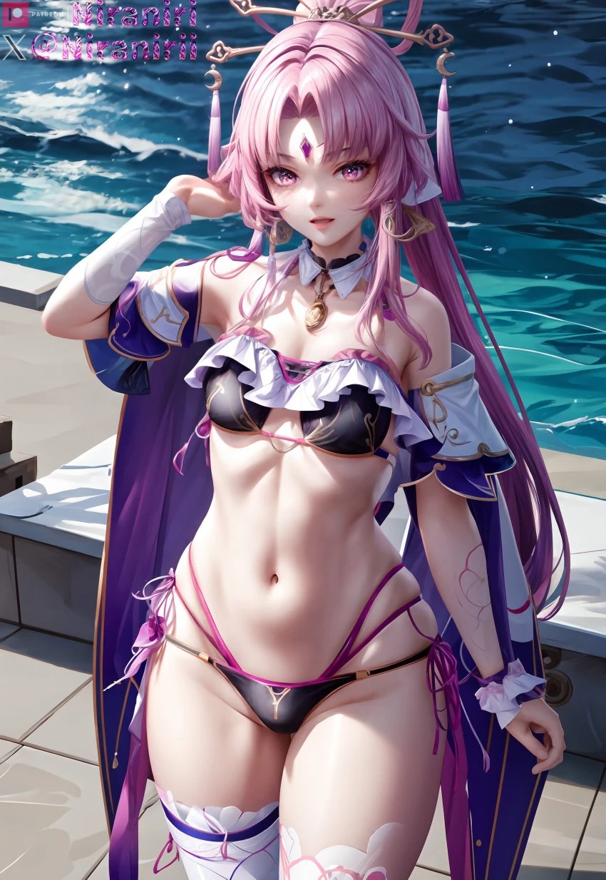 niraniri, honkai (series), honkai: star rail, fu xuan (honkai: star rail), bangs, bare shoulders, bikini, black bikini, breasts, cowboy shot, detached collar, detached sleeves, female, forehead jewel, frills, hair ornament, hand up, lips, long hair, looking at viewer, navel, parted bangs, pink eyes, pink hair, ponytail, purple eyes, side-tie bikini bottom, solo, standing, stomach, swimsuit, thighhighs, very long hair, water, white thighhighs, absurdres, ai generated, highres, watermark