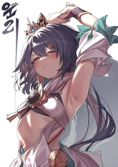 honkai: star rail, yunli (honkai: star rail), 1girls, armpits, arms up, blush, midriff, one eye closed, ribs, small breasts