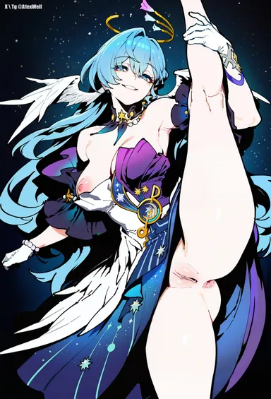 a1exwell, honkai (series), honkai: star rail, mihoyo, robin (honkai: star rail), anus, bottomless, dress, female, legs up, naughty face, nipple slip, one breast out, pussy, standing split, ai generated, stable diffusion