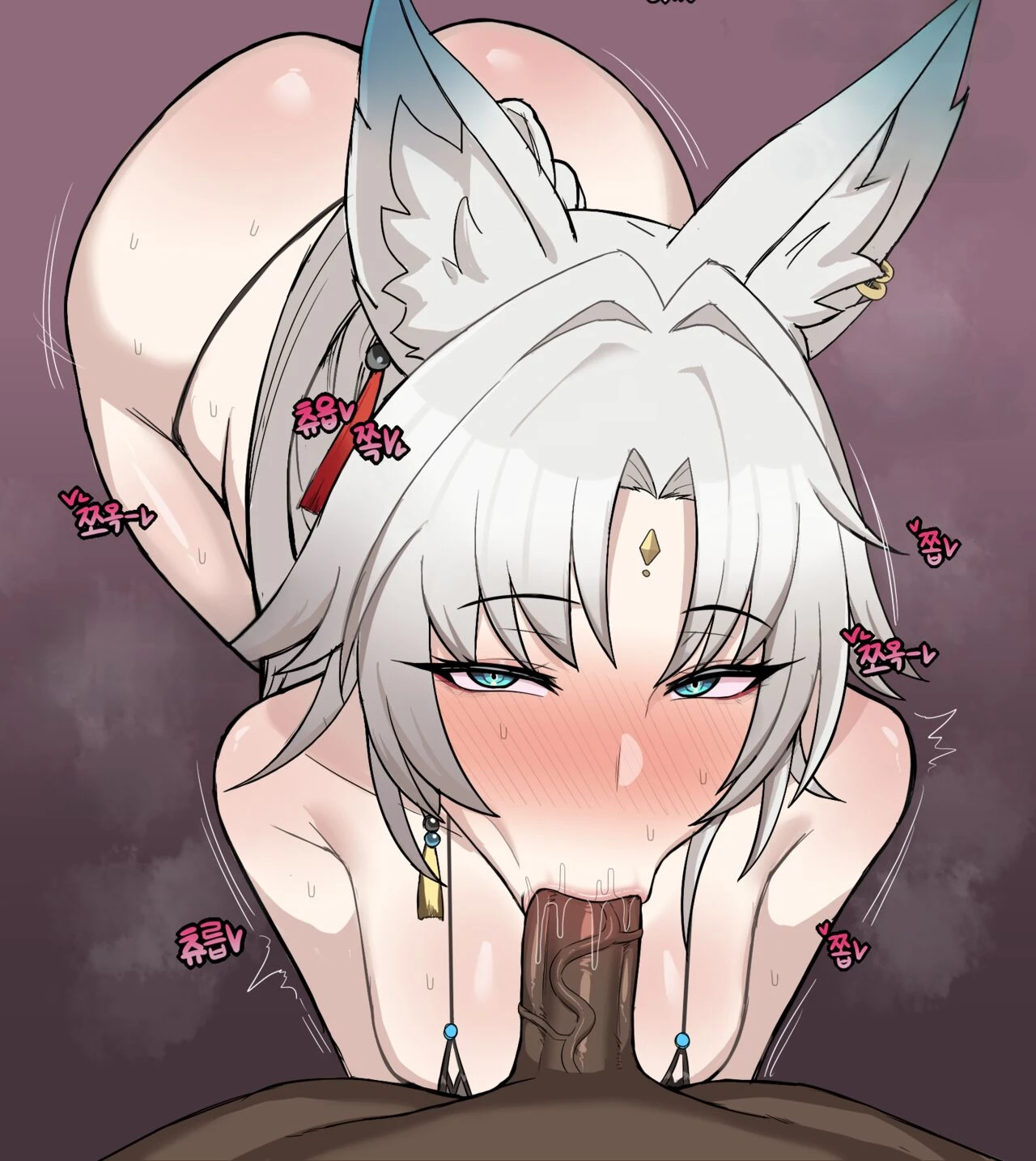 chihel, honkai: star rail, feixiao (honkai: star rail), blowjob, fellatio, green eyes, lewd, white hair