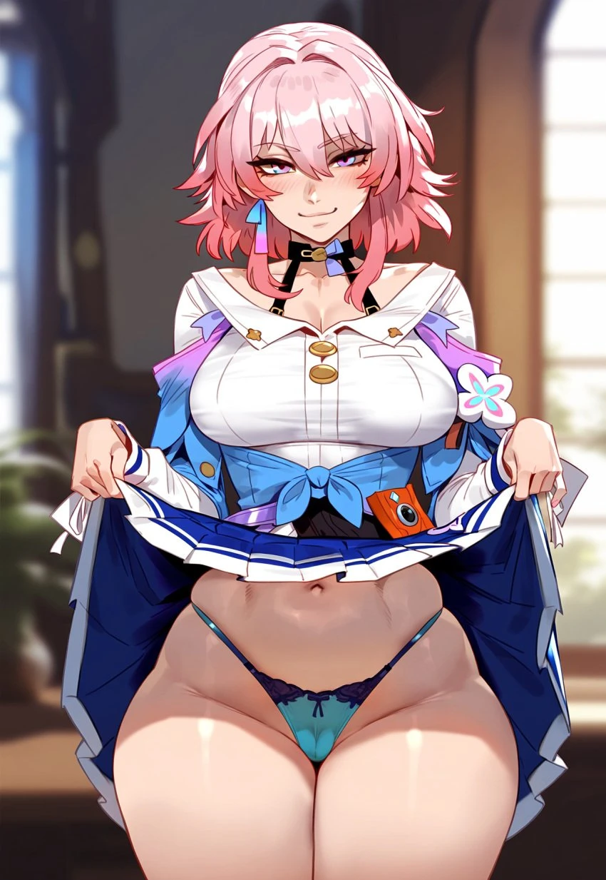 floox, thiccwithaq (ai style), honkai (series), honkai: star rail, march 7th (honkai: star rail), 1girls, breasts, female, hips, large breasts, long hair, naughty face, pink hair, thick thighs, thighs, wide hips, ai generated, artstyle imitation, hi res, high resolution, stable diffusion