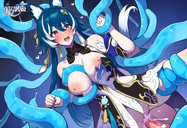 reza3344, honkai: star rail, yukong (honkai: star rail), breasts, nipples, penetration, slime, tentacle, ai generated