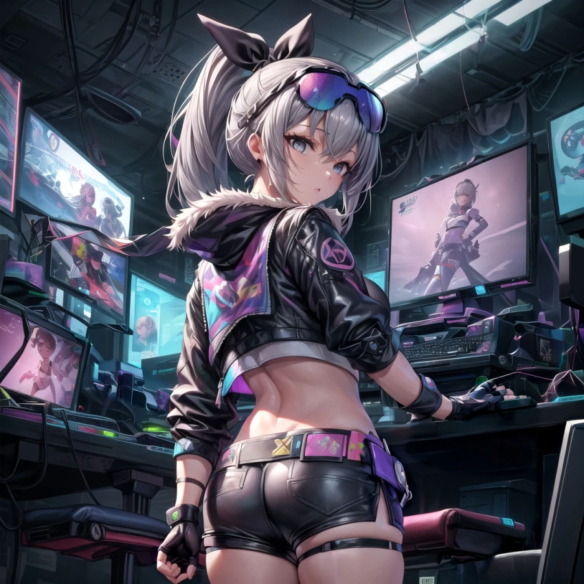 honkai (series), honkai: star rail, silver wolf (honkai: star rail), ass, blush, breasts, eyewear on head, female, fingerless gloves, from behind, gloves, hair ribbon, jacket, long hair, looking at viewer, ponytail, shiny, shiny clothes, shiny hair, shiny skin, short shorts, shorts, sideboob, silver eyes, silver hair, solo, sunglasses on head, ai generated