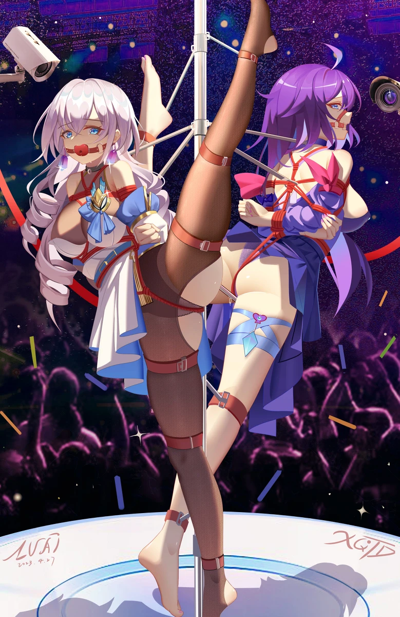 luai, honkai (series), honkai: star rail, bronya zaychik, seele (honkai: star rail), seele vollerei, 2girls, arms, arms behind head, ass, back, back view, ball gag, bare shoulders, barefoot, belt bondage, blue eyes, bondage, bow, breasts, camera, choker, clothed, clothing, covered breasts, covered nipples, crowd, curly hair, dress, earrings, exhibitionism, feet, feet up, female, female focus, female only, fingers, front view, gag, gagged, genital fluids, hair, hands, hands behind back, hips, legs, legs apart, legs held open, legs spread, legs up, legwear, light skin, long hair, looking at viewer, mostly clothed, open eyes, panties, pole, purple hair, restrained, ripped pantyhose, rope, rope bondage, rope harness, security camera, shoulders, soles, stockings, suspended, thighs, toes, waist, white hair, 2d, 2d (artwork), digital drawing (artwork), image