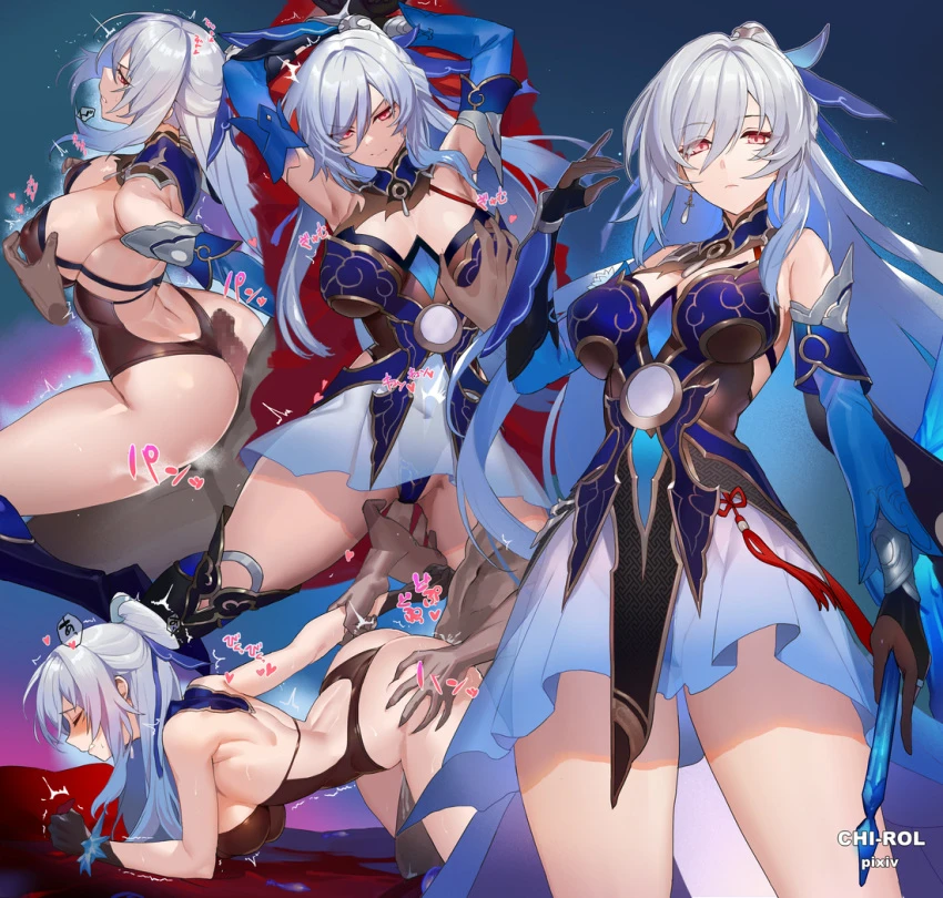 chi-rol, honkai (series), honkai: star rail, jingliu (honkai: star rail), 1boy, armpits, arms behind head, arms up, ass, bare shoulders, bent over, black gloves, blue dress, blush, breasts, brown leotard, cleavage, clenched teeth, closed eyes, detached collar, detached sleeves, dress, earrings, erection, female, fingering, gloves, grabbing, grabbing another's breast, hair over one eye, high ponytail, highleg, highleg leotard, jewelry, large breasts, leotard, long hair, looking at viewer, multiple views, nipple tweak, penis, red eyes, sex, sex from behind, straight, teeth, thighs, white hair, censored, textless version