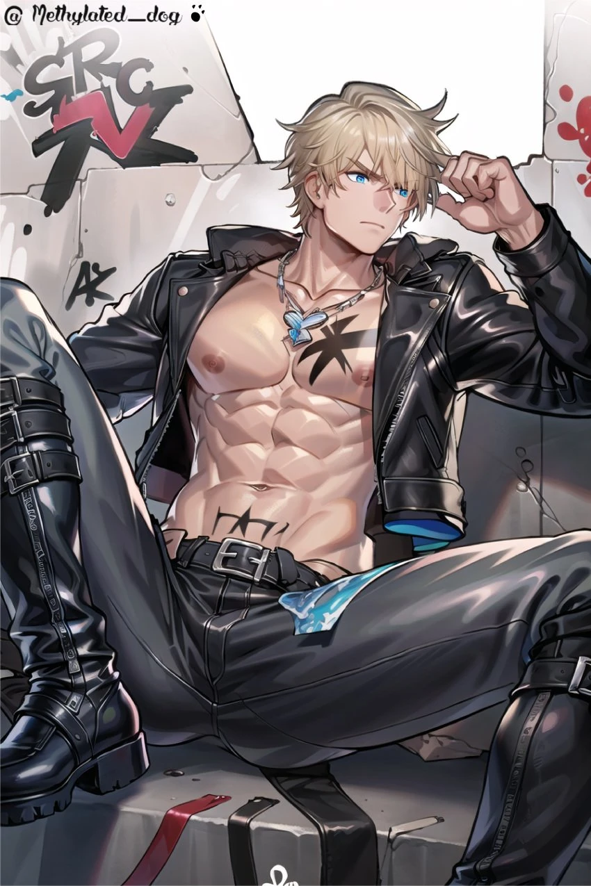 methylated dog, gepard (honkai: star rail), 1boy, abs, balls, bara, big balls, big penis, blonde hair, blue eyes, erection, gay, gay male, jacket, large pectorals, male, male focus, male nipples, male only, male pubic hair, muscle, muscular, muscular male, nude, pecs, pectorals, penis, sitting, solo, solo male, testicles, ai generated, censored