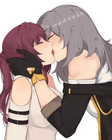 arnkun, honkai (series), honkai: star rail, hoyoverse, kafka (honkai: star rail), stelle (honkai: star rail), trailblazer (honkai: star rail), holding head, kissing, saliva, saliva string, tongue kiss, yuri, tagme