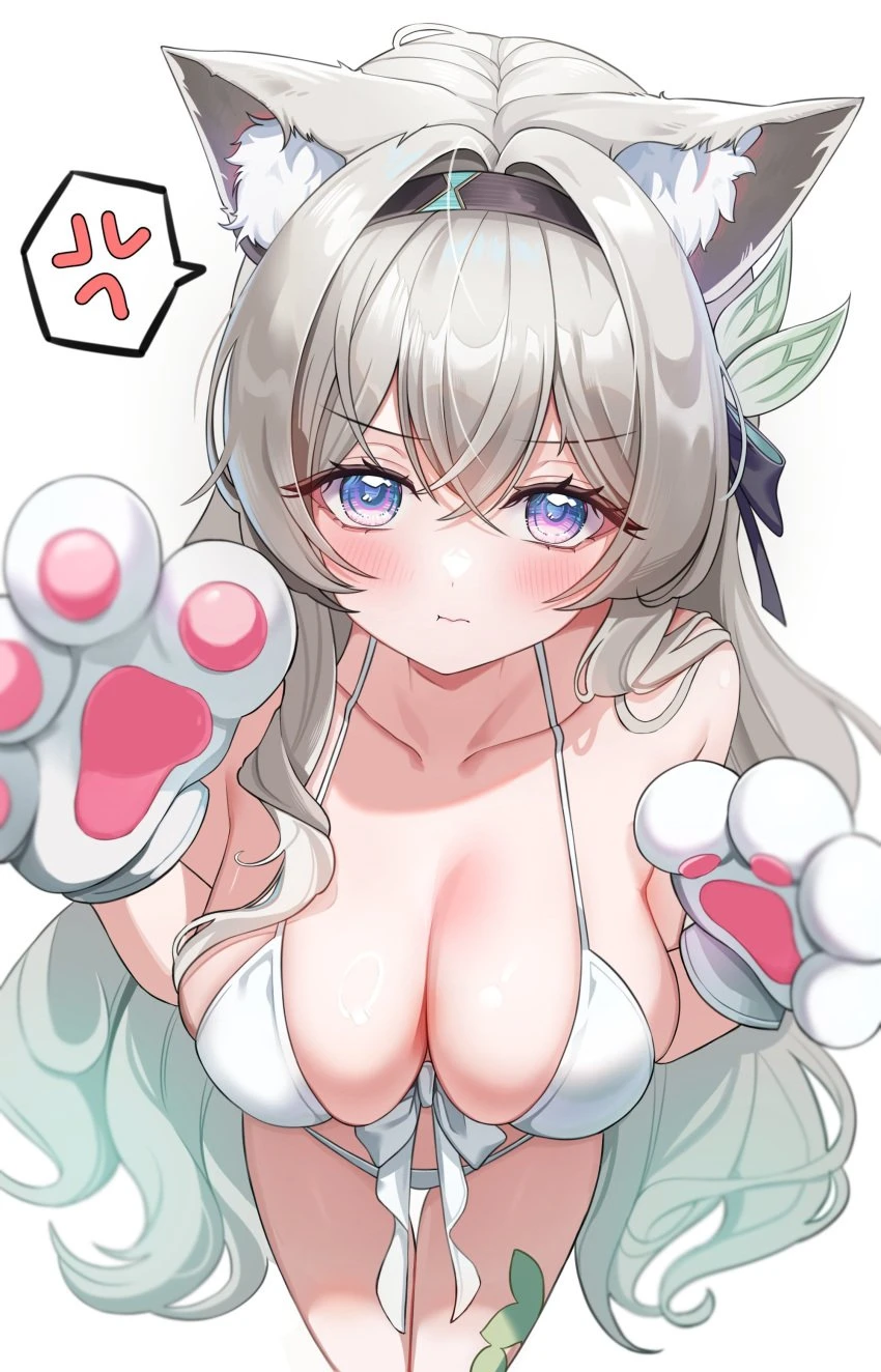 suisen (suisenhwa), honkai (series), honkai: star rail, firefly (honkai: star rail), anger vein, animal ear fluff, animal ears, animal hands, aqua hair, bikini, black hairband, blush, breasts, cat ears, cat girl, cleavage, closed mouth, cute, female, gloves, gradient hair, grey hair, hairband, kemonomimi mode, large breasts, long hair, multicolored hair, paw gloves, pout, purple eyes, solo, spoken anger vein, swimsuit, white background, white bikini, white gloves, absurdres, highres, simple background, speech bubble