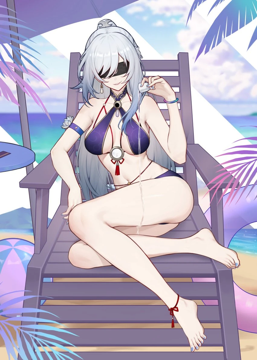 yunkaiming, honkai (series), honkai: star rail, jingliu (honkai: star rail), 1girls, adult, adult female, ankles, armband, beach, belly, belly button, bikini, bikini bottom, bikini only, bikini top, blindfold, blue fingernails, blue nail polish, blue nails, blue sky, blue toenail polish, blue toenails, bracelet, breasts, busty, busty female, busty girl, calves, cleavage, clouds, coast, collarbone, curvy, curvy ass, curvy body, curvy female, curvy figure, curvy hips, day, daylight, daytime, dot nose, elbows, fair skin, feet, female, female focus, female only, fingernails, fingers, full body, grin, horizon, hourglass figure, knees, large breasts, lean body, lean figure, legs, light skin, light skin female, light skinned, light skinned female, light-skined female, light-skinned, light-skinned female, lips, long hair, mature, mature female, nail polish, nails, narrow waist, navel, ocean, outdoor, outdoors, outside, pale, pale skin, pale skinned female, pale-skinned female, parted bangs, parted lips, ponytail, purple armband, purple bikini, purple bikini bottom, purple bikini top, purple swimsuit, purple swimwear, sand, sea, seaside, shoulders, sidelocks, silver hair, silver hair female, sitting, sky, slender body, slender waist, slim girl, slim waist, smile, smiley face, smiling, smiling at viewer, smirk, smooth skin, solo, swimsuit, swimwear, thick thighs, thighs, thin waist, toenail polish, toenails, toes, white eyebrows, white hair, white hair female, white skin, white skinned female, white-skinned female, wide hips, high resolution, highres