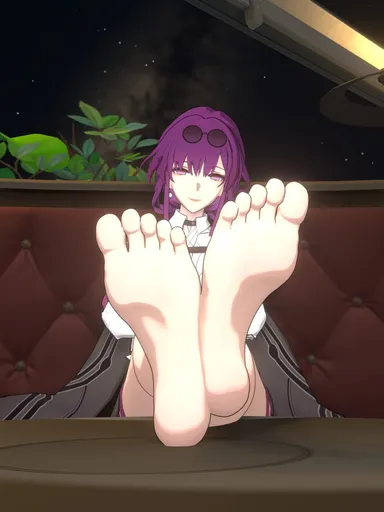 auxp, honkai: star rail, kafka (honkai: star rail), 1girls, 5 toes, bare soles, barefoot, ear piercing, earrings, feet, female, female only, one female, only female, pink hair, short hair, soles, solo, solo female, sunglasses, sunglasses on head, toes