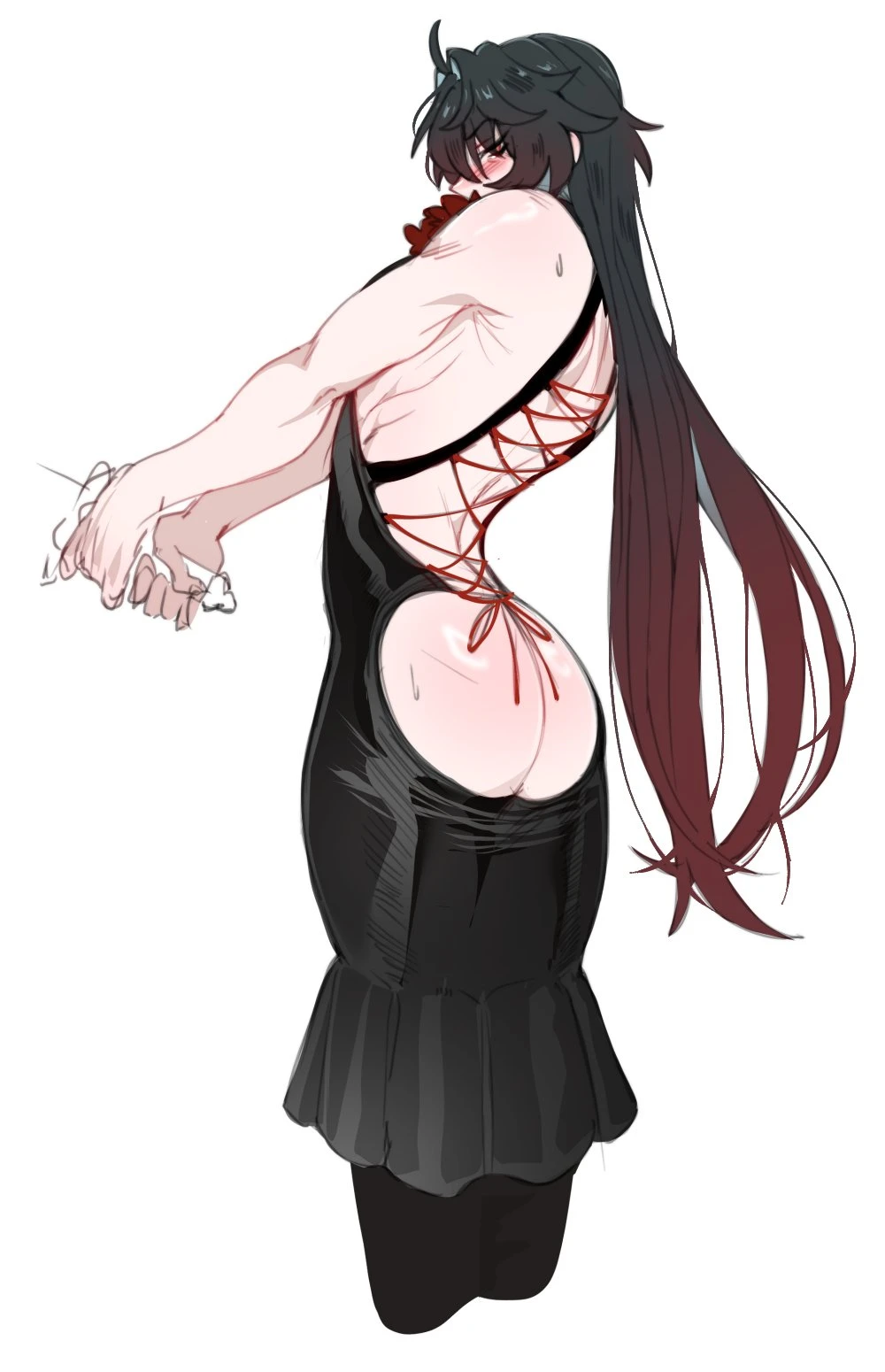 ilewdha, honkai (series), honkai: star rail, blade (honkai: star rail), ass, ass window, backless dress, backless outfit, black hair, gradient hair, long hair, looking back, solo, sweat, sweatdrop, very long hair