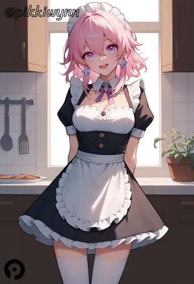 pikkiwynn, honkai (series), honkai: star rail, march 7th (honkai: star rail), :d, apron, arms behind back, bangs, black dress, breasts, buttons, cleavage, cowboy shot, detached collar, dress, earrings, female, food, frilled apron, frills, frying pan, hair between eyes, indoors, jewelry, kitchen, looking at viewer, maid, maid headdress, medium breasts, medium hair, multicolored eyes, open mouth, pink eyes, pink hair, plant, puffy short sleeves, puffy sleeves, short sleeves, smile, solo, spatula, standing, teeth, thighhighs, upper teeth only, white apron, white thighhighs, window, ai generated