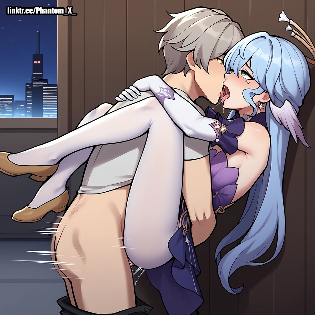 phantom-x, honkai: star rail, caelus (honkai: star rail), robin (honkai: star rail), 1boy, 1girls, blue hair, clothed sex, female, green eyes, grey hair, kissing, leg lock, male, open mouth, saliva, sex, standing, tongue