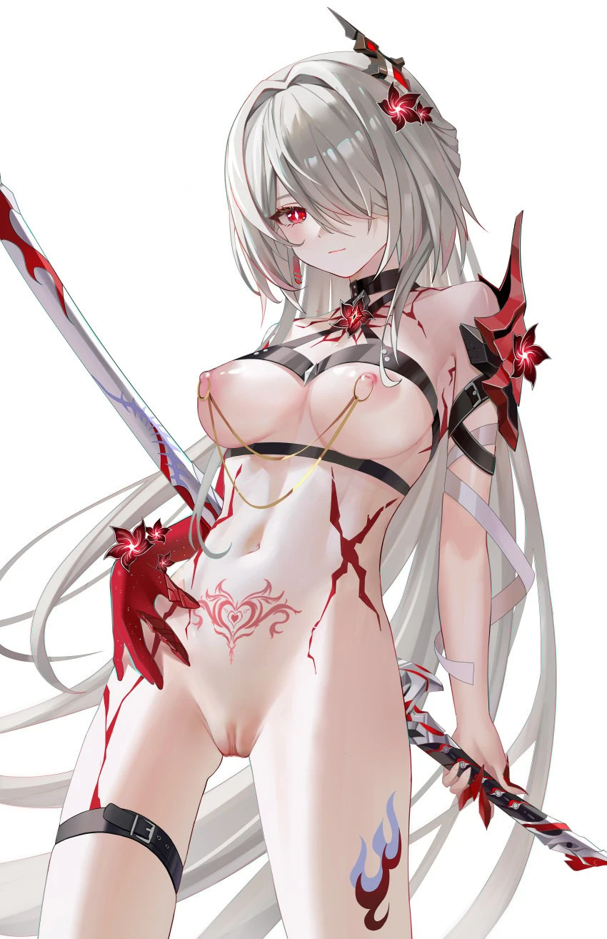 blhazx, honkai (series), honkai: star rail, acheron (honkai: star rail), 1girls, bare shoulders, belt, black belt, black choker, breasts, choker, cleavage, cowboy shot, female, female only, flower, grey hair, hair flower, hair intakes, hair ornament, hair over one eye, halterneck, holding, holding sword, holding weapon, large breasts, leg tattoo, linked nipples, long hair, looking at viewer, midriff, navel, nipple piercing, nipples, nude, nude female, official alternate color, piercing, pubic tattoo, pussy, red eyes, red flower, scabbard, sheath, sheathed, simple background, solo, standing, stomach, sword, tattoo, thigh strap, thighs, very long hair, weapon, white background, absurdres, censored, highres, revision