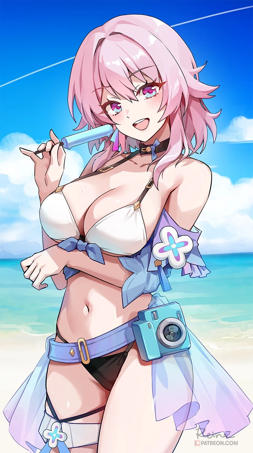 honkai (series), honkai: star rail, hoyoverse, march 7th (honkai: star rail), 1girls, beach, big breasts, bikini, black panties, blue eyes, camera, choker, ice cream, light-skinned female, open mouth, pink hair, short hair, thighs, white bra, 2024, 2d, hi res