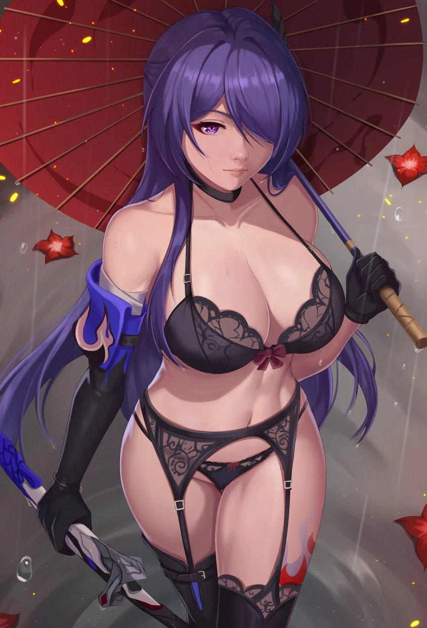 exlic, honkai (series), honkai: star rail, acheron (honkai: star rail), 1girls, arm length gloves, athletic, athletic female, bangs, bare hips, bare shoulders, bare skin, bare thighs, big breasts, black boots, black bra, black clothes, black clothing, black garter belt, black garter straps, black gloves, black panties, black stockings, black underwear, boots, bra, breasts, busty, cleavage, cute face, female, female focus, female only, fit, fit female, garter belt, garter straps, gloves, hair over one eye, hartman hips, hips, holding umbrella, huge breasts, large breasts, light skin, light-skinned female, lingerie, long hair, looking at viewer, navel, panties, purple eyes, purple hair, rain, raining, slim girl, slim waist, solo, solo female, solo focus, stockings, stomach, tattoo, tattoo on thigh, tattooed thigh, thick thighs, thigh boots, thigh tattoo, thighs, toned body, toned stomach, umbrella, underwear, absurd res, absurdres, high resolution, highres, large filesize, very high resolution