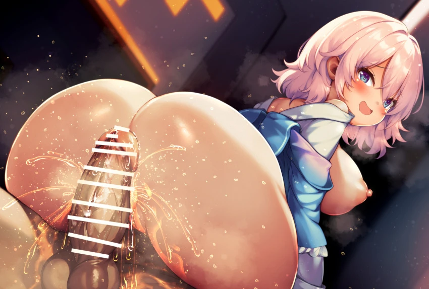 shin'ya natsuki, honkai (series), honkai: star rail, march 7th (honkai: star rail), ass, blush, breasts, female, hair between eyes, large breasts, long bangs, looking back, medium hair, nipples, open mouth, peeing, peeing on penis, penis, pink hair, smile, solo focus, testicles, highres