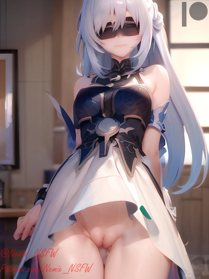 honkai (series), honkai: star rail, jingliu (honkai: star rail), blindfold, curvy, nsfw, pale skin, upskirt, white hair, ai generated