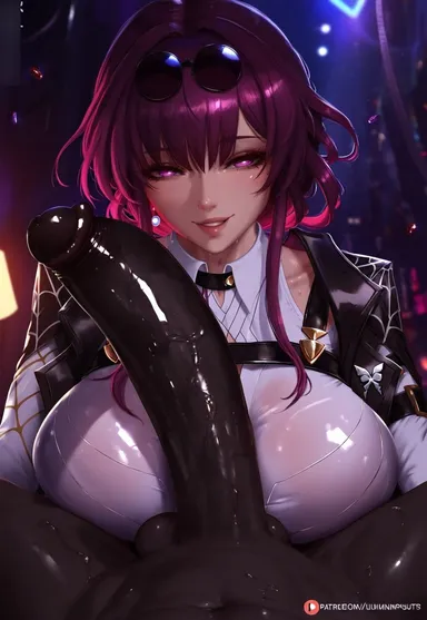 klausherbert, honkai: star rail, kafka (honkai: star rail), dark-skinned male, huge cock, looking at viewer, penis, purple eyes, purple hair, smile, smirk, testicles, thick thighs, tight clothing, ai generated