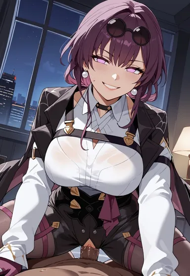 honkai: star rail, kafka (honkai: star rail), cowgirl position, dark-skinned male, looking at viewer, night, purple eyes, purple hair, sex, smile, ai generated