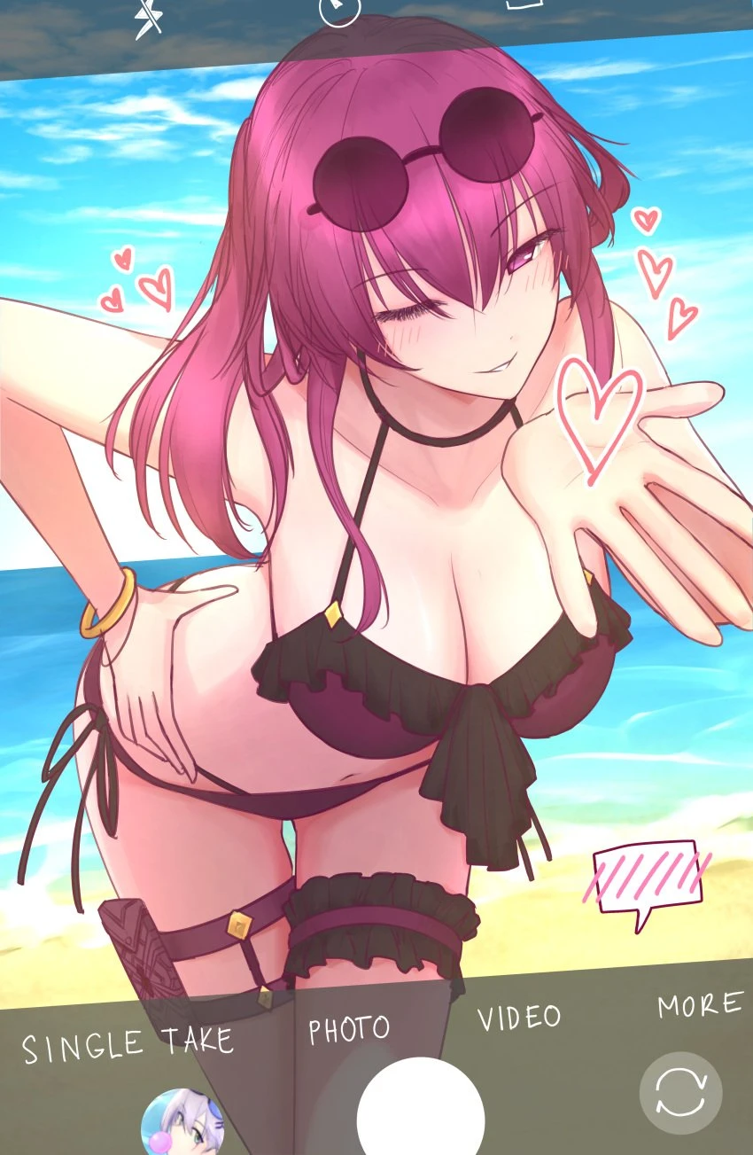 honkai (series), honkai: star rail, kafka (honkai: star rail), silver wolf (honkai: star rail), 2girls, 7ko shimura, alternate costume, bare shoulders, beach, bikini, blowing bubbles, blowing kiss, blush, bracelet, breasts, bubble gum, cleavage, collarbone, cowboy shot, drawn heart, eyewear on head, fake phone screenshot, front-tie bikini top, front-tie top, grin, hair between eyes, hair ornament, hairclip, hand on own hip, heart stickers, jewelry, large breasts, leaning forward, long hair, looking at viewer, multiple girls, navel, one eye closed, pouch, purple bikini, purple eyes, purple hair, round eyewear, side-tie bikini bottom, sidelocks, smile, solo focus, spoken blush, stomach, sunglasses, swimsuit, thigh pouch, thigh strap, waves, absurdres, english text, fake screenshot, highres