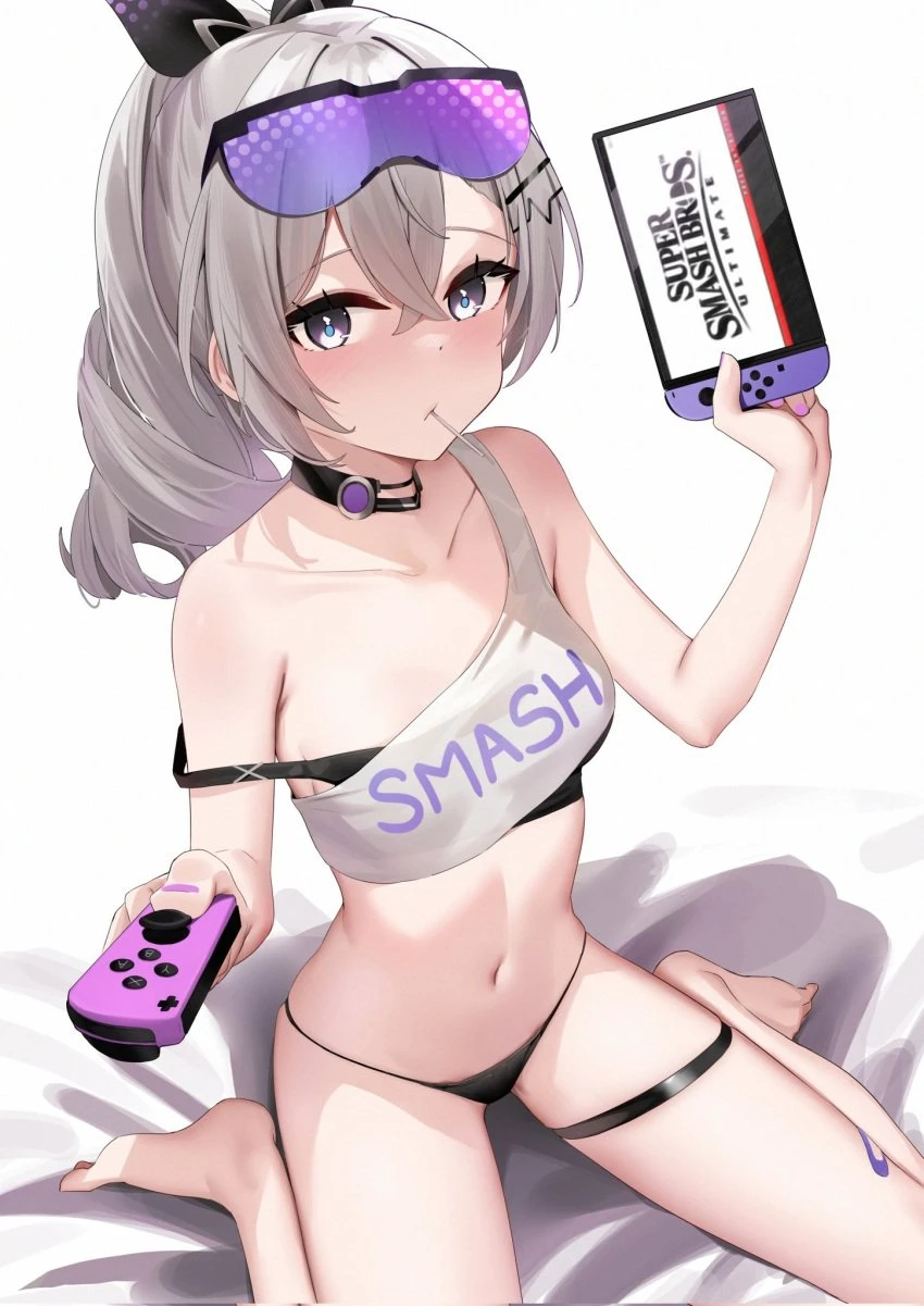 skai kun, honkai: star rail, nintendo switch, super smash bros., silver wolf (honkai: star rail), 1girls, blue eyes, eyewear on head, grey eyes, horny, horny female, lollipop in mouth, sitting on bed, underwear