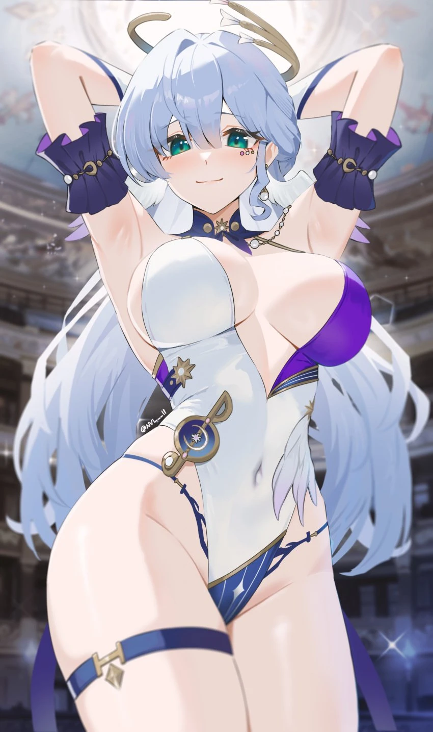 nvl, honkai (series), honkai: star rail, robin (honkai: star rail), 1girls, bodysuit, child bearing hips, cleavage, cleavage cutout, cleavage overflow, female, female focus, female only, green eyes, hair, hands behind head, large breasts, light skin, light-skinned female, long hair, looking at viewer, looking down, smile, smiling, smiling at viewer, thick ass, thick thighs, thighs, white hair, wide hips, wings, wings on head, tagme