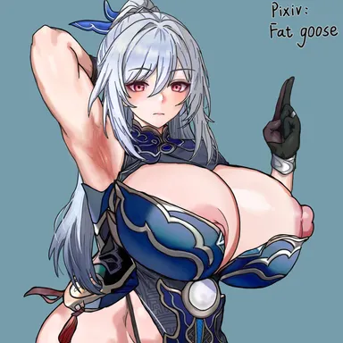 fat goose, honkai: star rail, jingliu (honkai: star rail), 1girls, armpits, big breasts, breasts, busty, curvaceous, curvy, curvy body, curvy female, curvy figure, female, huge breasts, large breasts, nipples, pointing up, pre-transformation, transformation, voluptuous