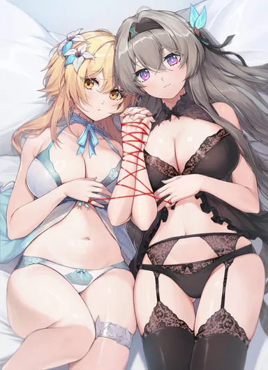 genshin impact, honkai (series), honkai: star rail, firefly (honkai: star rail), lumine (genshin impact), 2girls, babydoll, black babydoll, black garter belt, black panties, black thighhighs, blonde hair, bow, bow panties, breasts, cleavage, flower, garter belt, garter straps, grey hair, holding hands, lace, lace trim, lace-trimmed babydoll, lace-trimmed thighhighs, large breasts, lingerie, looking at viewer, lying, multiple girls, on back, panties, purple eyes, red ribbon, ribbon, sunnillust, thigh strap, thighhighs, underwear, white babydoll, white flower, white panties, yellow eyes, yuri, absurdres, highres