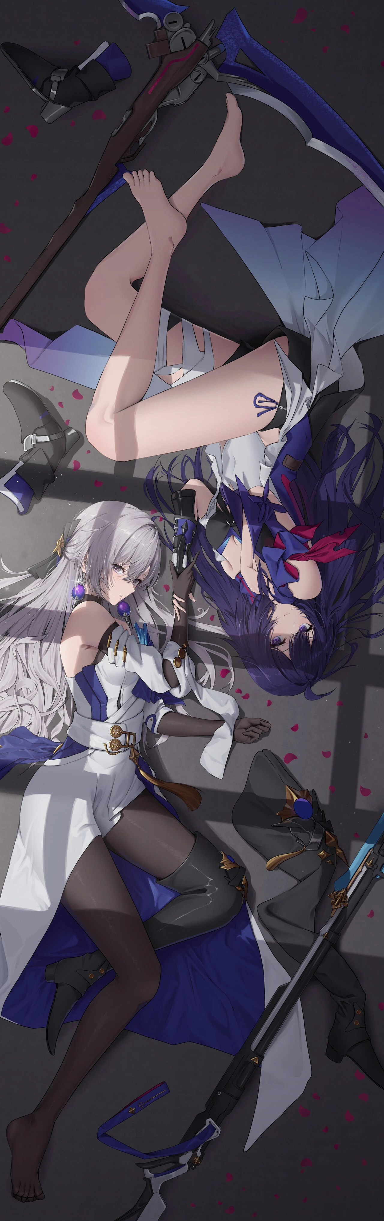 honkai (series), honkai: star rail, bronya rand, seele (honkai: star rail), 2girls, feet, female, female only, holding each other, laying on ground, tagme, tagme (artist)