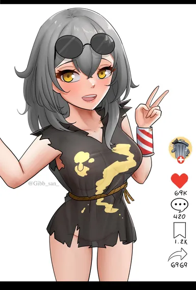 gibb san, honkai: star rail, stelle (honkai: star rail), 1girls, breasts, camera view, clothed, clothed female, dumpster, female, hud, light-skinned female, looking at viewer, medium breasts, nipples, peace sign, thick thighs, trash, trash bag