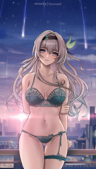 ryuuneart, honkai (series), honkai: star rail, firefly (honkai: star rail), 1girls, adult female, arm behind back, arms behind back, ass visible from the front, ass visible through thighs, bare arms, bare belly, bare chest, bare hands, bare hips, bare legs, bare midriff, bare navel, bare skin, bare thighs, bare torso, belly, belly button, black hairband, blue bra, blue panties, blue sky, blue thighband, blue underwear, bra, breasts, breedable, busty, busty female, cleavage, clouds, collarbone, dot nose, elbows, exposed, exposed arms, exposed belly, exposed legs, exposed midriff, exposed shoulders, exposed thighs, female, female focus, female only, fingernails, fingers, frilled bra, frilled panties, frilled underwear, groin, hair between eyes, hair ornament, hair ornaments, hairband, half naked, half nude, hand behind back, hands behind back, head tilt, hourglass figure, lace bra, lace panties, lace underwear, laced bra, laced panties, laced underwear, lean body, lean figure, legs, legs together, light skin, light skin female, light skinned, light skinned female, light-skined female, light-skinned, light-skinned female, lips, long hair, looking at viewer, mature, mature female, medium breasts, morning, naked, naked female, naked woman, navel, night, night sky, nude, nude female, nudity, outdoor, outdoor nudity, outdoors, outside, panties, parted lips, purple eyes, purple eyes female, pussy, shoulders, sky, slender body, slender waist, slim girl, slim waist, smile, smiling, smiling at viewer, solo, standing, stars, thick thighs, thigh gap, thighband, thighs, thin waist, tilted head, underwear, upper body, v-line, white eyebrows, white hair, white hair female, wide hips, high resolution, highres