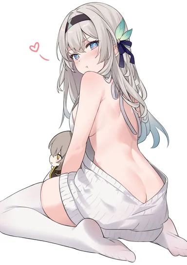 artist request, honkai (series), honkai: star rail, hoyoverse, firefly (honkai: star rail), stelle (honkai: star rail), 1girls, ass, back, bare back, breasts, female, grey hair, heart, plushie, pout, sideboob, solo, thighhighs, thighs, virgin killer sweater, tagme