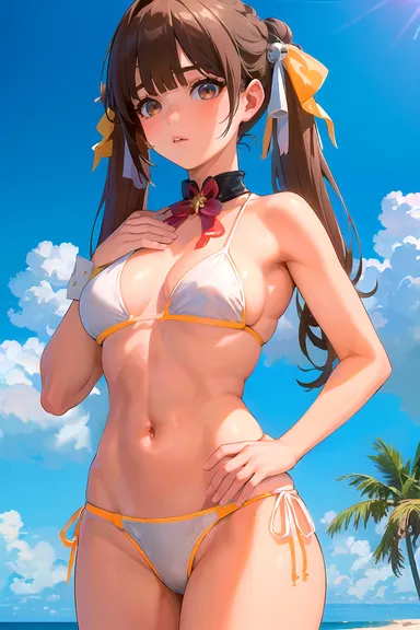 polege, honkai (series), honkai: star rail, sushang (honkai: star rail), armpits, beach, belly, belly button, bikini, brown eyes, brown hair, camel toe, cameltoe, chocker, clouds, from below, hair ribbon, hip, palm tree, sky, small breasts, standing, thick thighs, thighs, twintails, viewed from below, waist, waist grab, ai generated