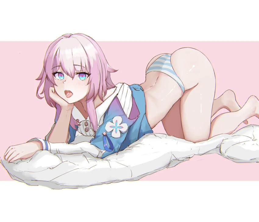 honkai: star rail, march 7th (honkai: star rail), ass up, open mouth, panties, pink hair, solo female