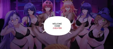 genshin impact, honkai: star rail, acheron (honkai: star rail), black swan (honkai: star rail), kafka (honkai: star rail), lisa (genshin impact), raiden shogun, yae miko, black bikini, long hair, looking at viewer, milf, multiple girls, naughty face, smile