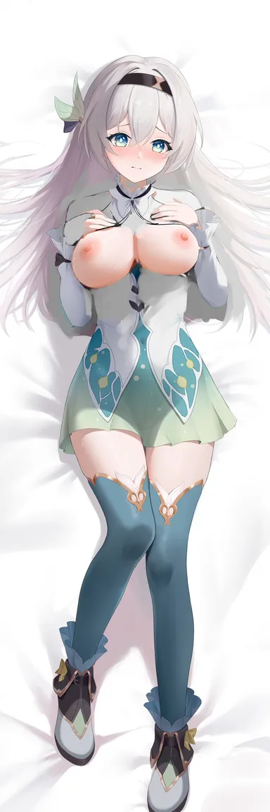 xiatian, honkai (series), honkai: star rail, firefly (honkai: star rail), 1girls, areolae, bed, blue eyes, blue thighhighs, blush, breasts, clothed, dress, female, hairband, long hair, looking at viewer, lying, medium breasts, nipples, on back, on bed, shoes, solo, thighhighs, thighs, white hair, zettai ryouiki, dakimakura