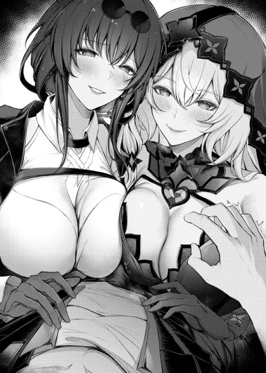 honkai: star rail, black swan (honkai: star rail), kafka (honkai: star rail), 1boy, 2girls, boner in pants, breasts, breasts on penis, looking at viewer, mature female, pov, sandwiched, smiling at viewer, straight, touching chest, highres