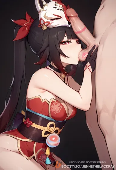 jenneth blackray, honkai: star rail, sparkle (honkai: star rail), 1boy, ai-created, animal mask, bangs, bare hips, bare shoulders, bell, black choker, black gloves, black hair, blunt bangs, breasts, caressing testicles, choker, cleavage, clothed female, clothed female nude male, clothing, dress, erection, fellatio, female, fox mask, gloves, gradient hair, hair ornament, heart, heart-shaped pupils, jingle bell, kiss mark, kneeling, lipstick mark, lipstick on penis, lipstick on testicles, long hair, looking at penis, male, male pubic hair, mask, mask on head, medium breasts, multicolored hair, nude, nude male, obi, oral, penis, penis on face, penis on head, ponytail, pubic hair, red dress, red eyes, red hair, sagging testicles, saliva, saliva drip, sash, simple background, sitting, sleeveless, solo focus, standing-male kneeling-female, straight, sucking testicles, symbol-shaped pupils, testicle grab, testicle worship, testicles, testicles touching, tied hair, traditional clothes, twintails, very long hair, wafuku, ai generated, high resolution, stable diffusion, uncensored, very high resolution