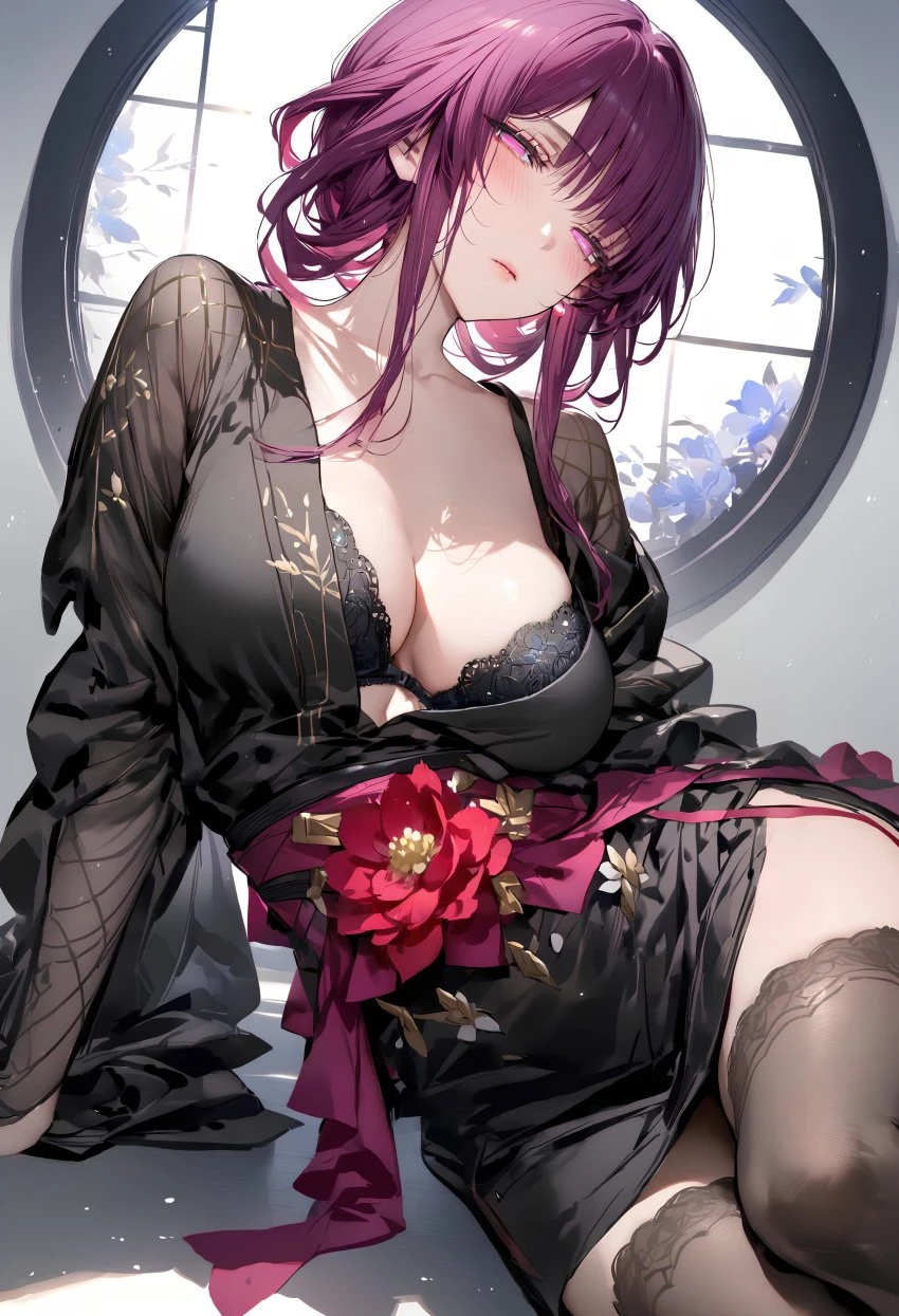 honkai: star rail, kafka (honkai: star rail), bored, dress, lingerie, rose, see-through, thighhighs