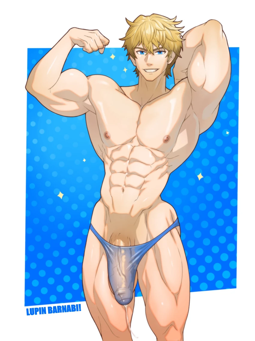 lupin barnabi, honkai: star rail, gepard (honkai: star rail), 1boy, abs, armpits, bara, big penis, blonde hair, blue eyes, bulge, bulge through clothing, flaccid penis, flexing bicep, g-string, gay, male, male nipples, male only, muscular arms, muscular male, muscular thighs, precum, precum drip, precum through clothing, precum through swimwear, showing armpit, small waist, smiling, smiling at viewer, solo, uncut, v-line, veins, veiny penis, wet g-string