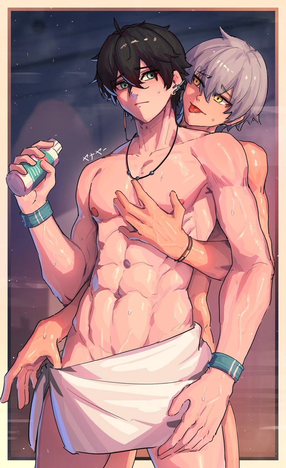 yanayaa a, honkai (series), honkai: star rail, caelus (honkai: star rail), dan heng, abs, black hair, gay, green eyes, grey hair, male only, naked, towel, yaoi, yellow eyes