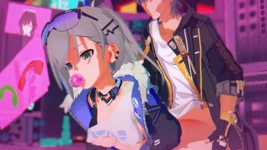 honkai: star rail, hoyoverse, kafka (honkai: star rail), silver wolf (honkai: star rail), calling, chewing gum, doggy style, grey hair, jiggling ass, skebe555