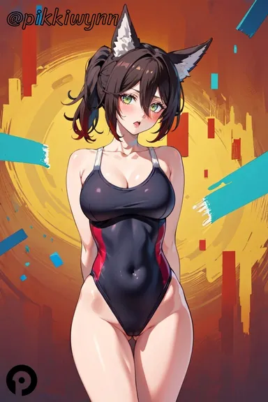 pikkiwynn, honkai (series), honkai: star rail, tingyun (honkai: star rail), animal ear fluff, animal ears, arms behind back, ass visible through thighs, bare shoulders, black one-piece swimsuit, blush, breasts, brown hair, cleavage, collarbone, competition swimsuit, covered navel, cowboy shot, female, green eyes, groin, hair between eyes, highleg, highleg swimsuit, large breasts, looking at viewer, one-piece swimsuit, open mouth, ponytail, solo, standing, swimsuit, thigh gap, thighs, ai generated