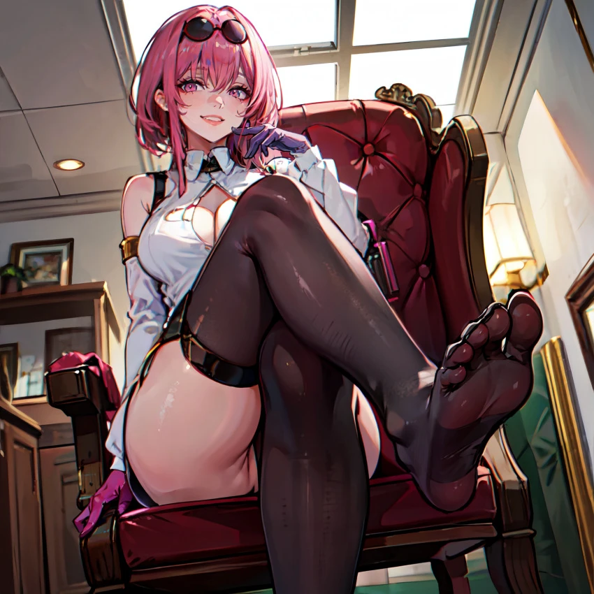 mizaraiart, stable diffusion, honkai (series), honkai: star rail, kafka (honkai: star rail), 1girls, bangs, bare shoulders, black legwear, breasts, chair, cleavage, clothing, crossed cutout, crossed legs, eyewear, eyewear on head, feet, foot focus, gloves, grin, indoors, lips, looking at viewer, no shoes, pink eyes, pink hair, shorts, sidelocks, sitting, sleeves, smile, soles, solo, sunglasses, sunglasses on head, thighhighs, thighs, toes, window, ai generated, tagme